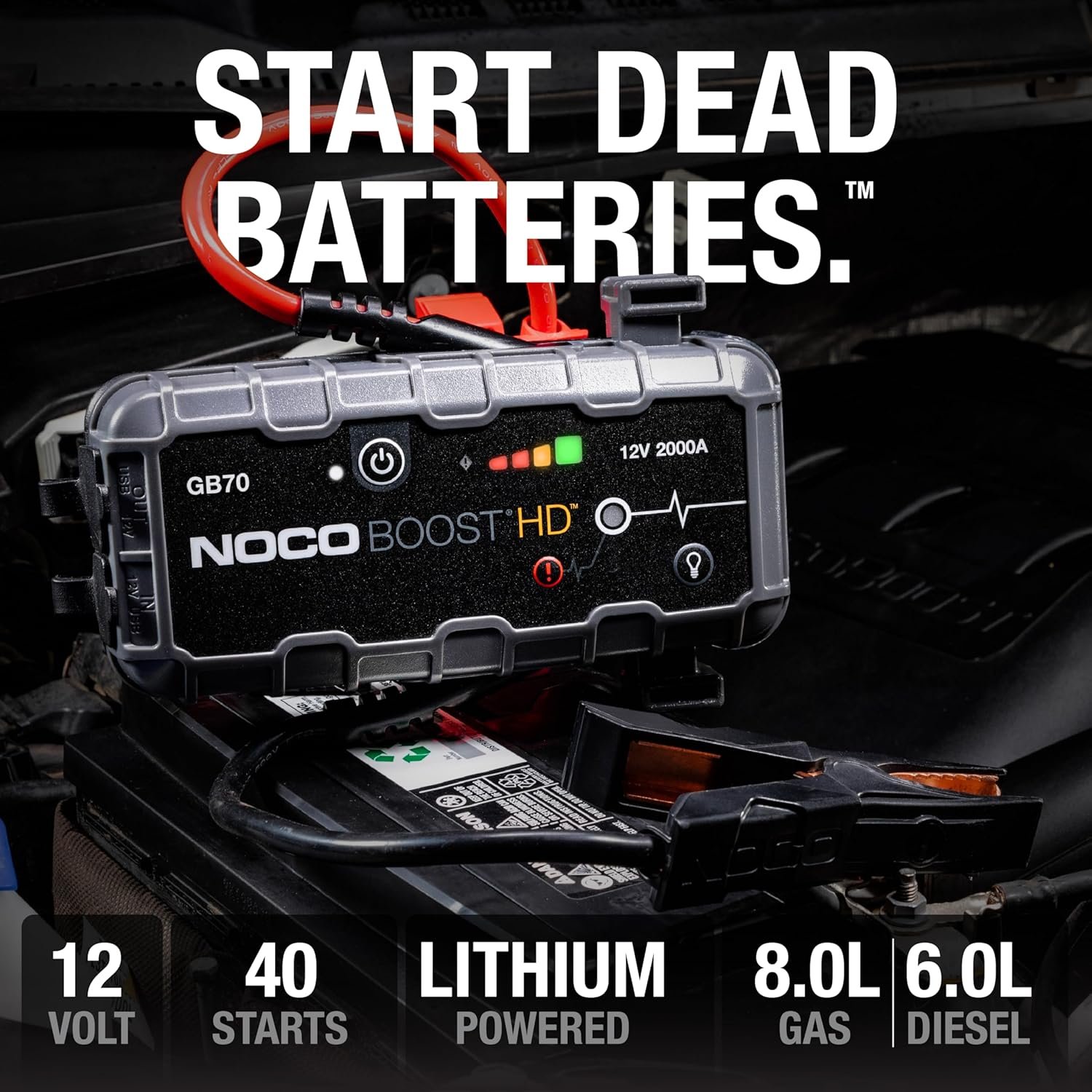 NOCO Boost GB70: 2000A UltraSafe Jump Starter, 12V Lithium Battery Booster Pack, Portable Jump Box, Power Bank & Jumper Cables, for 8.0L Gas and 6.0L Diesel Engines - Image 6
