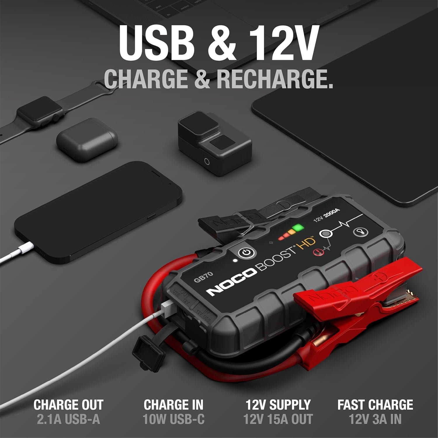 NOCO Boost GB70: 2000A UltraSafe Jump Starter, 12V Lithium Battery Booster Pack, Portable Jump Box, Power Bank & Jumper Cables, for 8.0L Gas and 6.0L Diesel Engines - Image 4