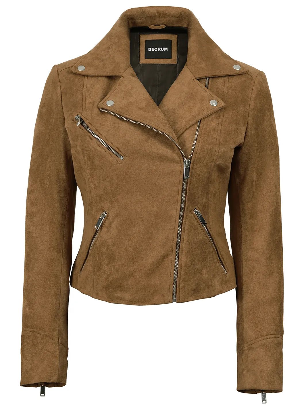 Women's Light Brown Faux Suede Biker Style Jacket - Image 3