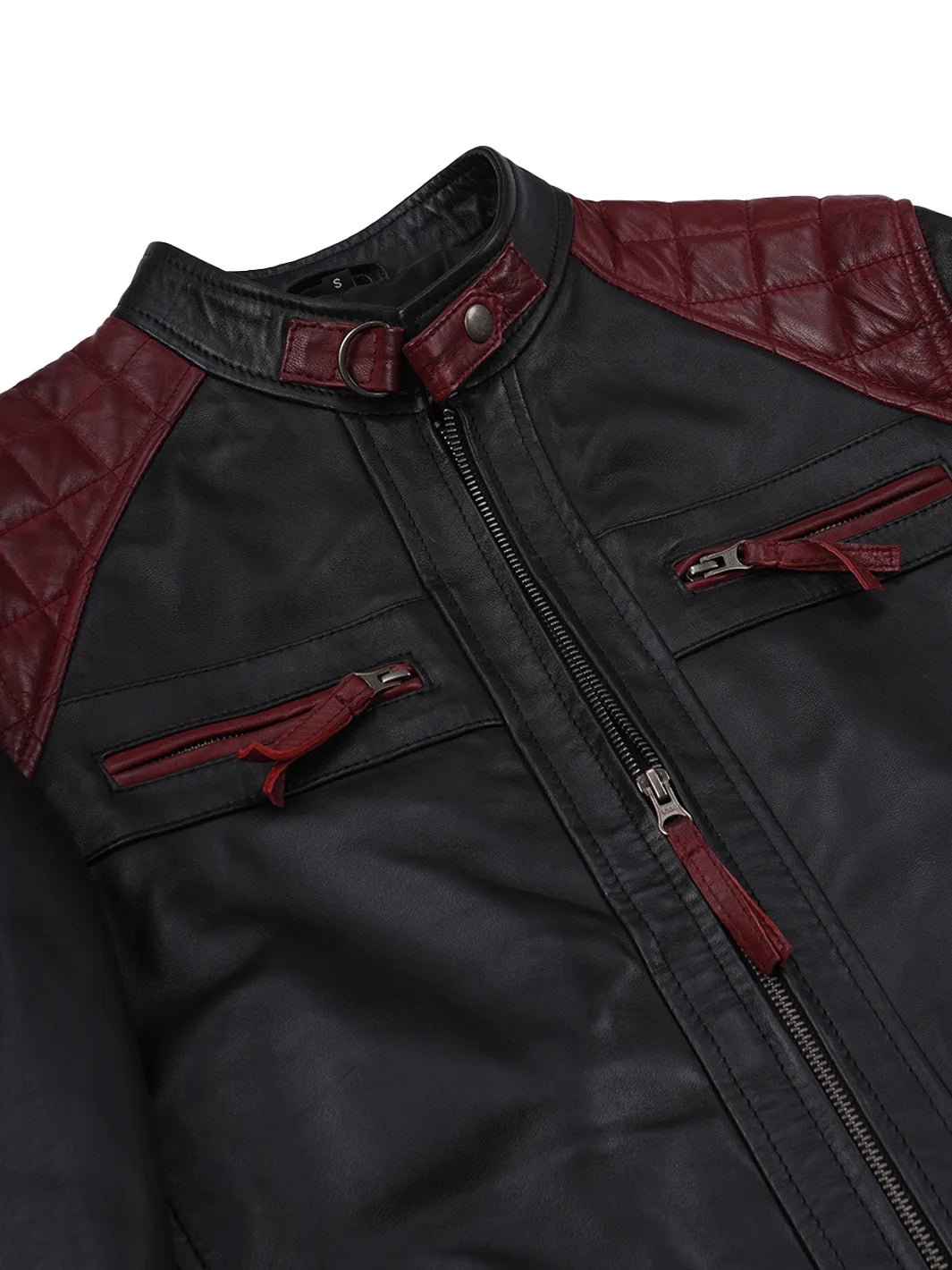 Men's Black and Burgundy Quilted Leather Cafe Racer Jacket - Image 5