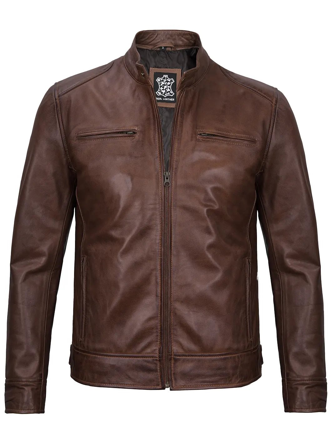 Dodge Men's Cognac Brown Leather Cafe Racer Jacket - Image 3