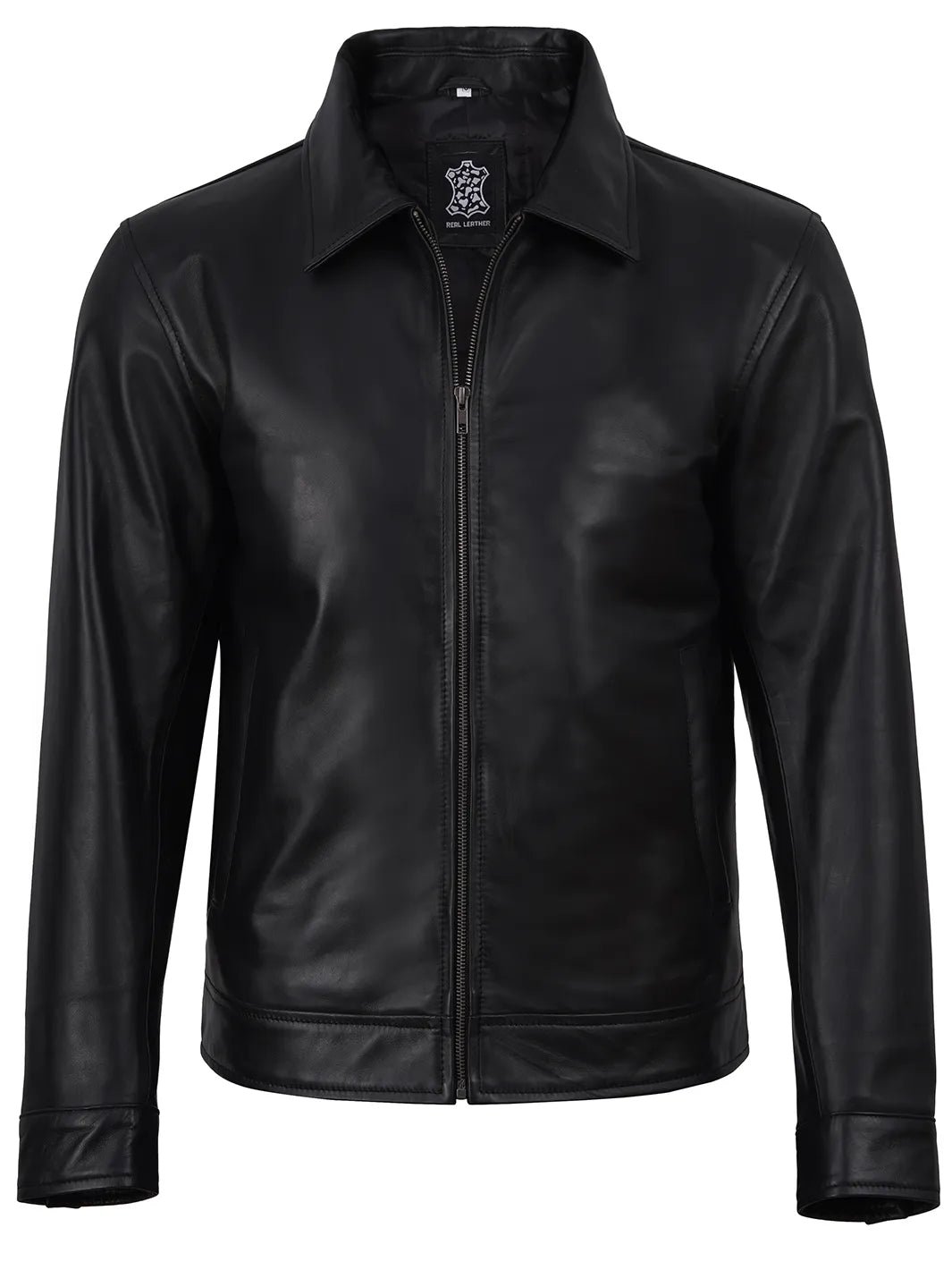 Men's Black Harrington Leather Jacket | Shirt Style Collar - Image 4