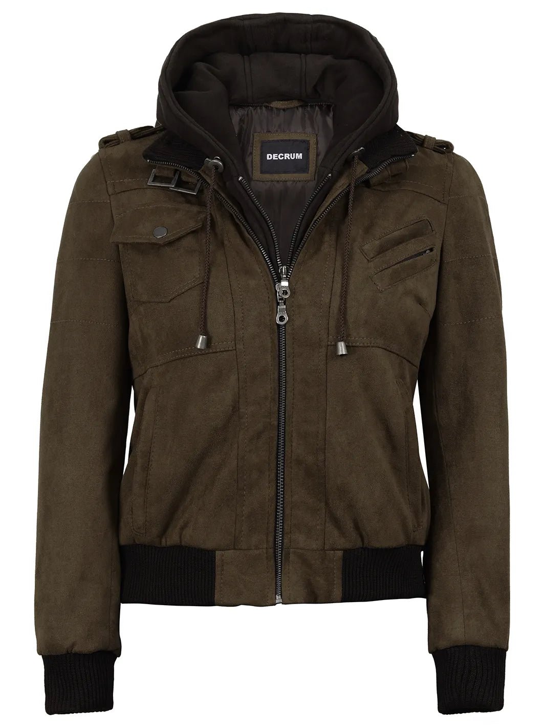 Women's Dark Brown Faux Suede Hooded Bomber Jacket - Image 5