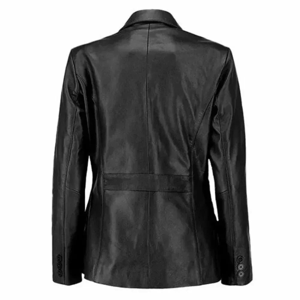 Womens Two Button Real Black Leather Blazer - Image 3