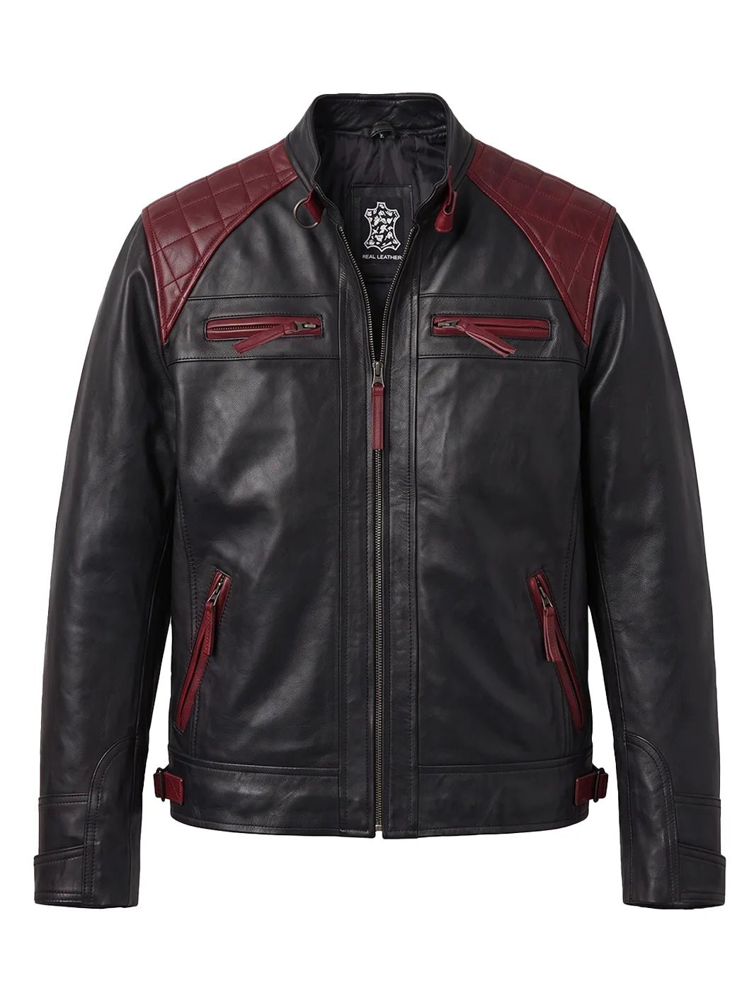 Men's Black and Burgundy Quilted Leather Cafe Racer Jacket - Image 3
