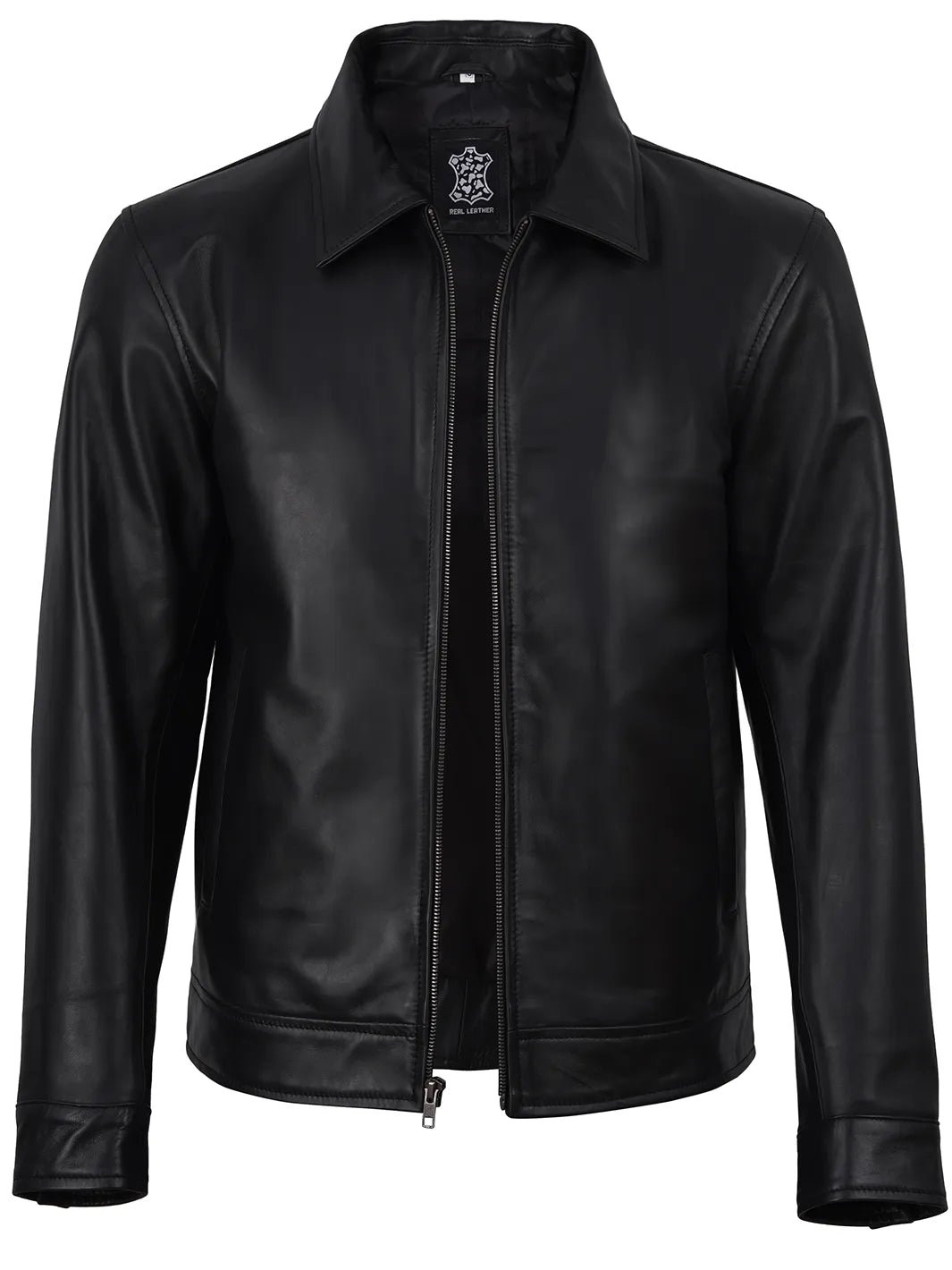 Men's Black Harrington Leather Jacket | Shirt Style Collar - Image 3