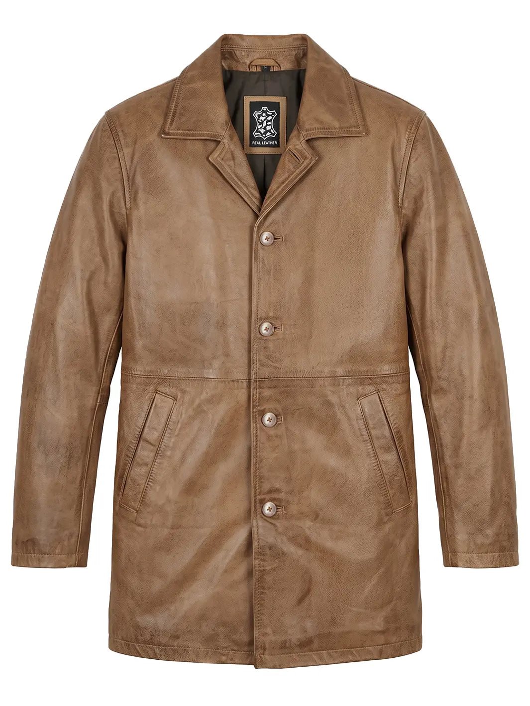 Winchester — Men's Camel Brown 3/4 Length Leather Car Coat - Image 3