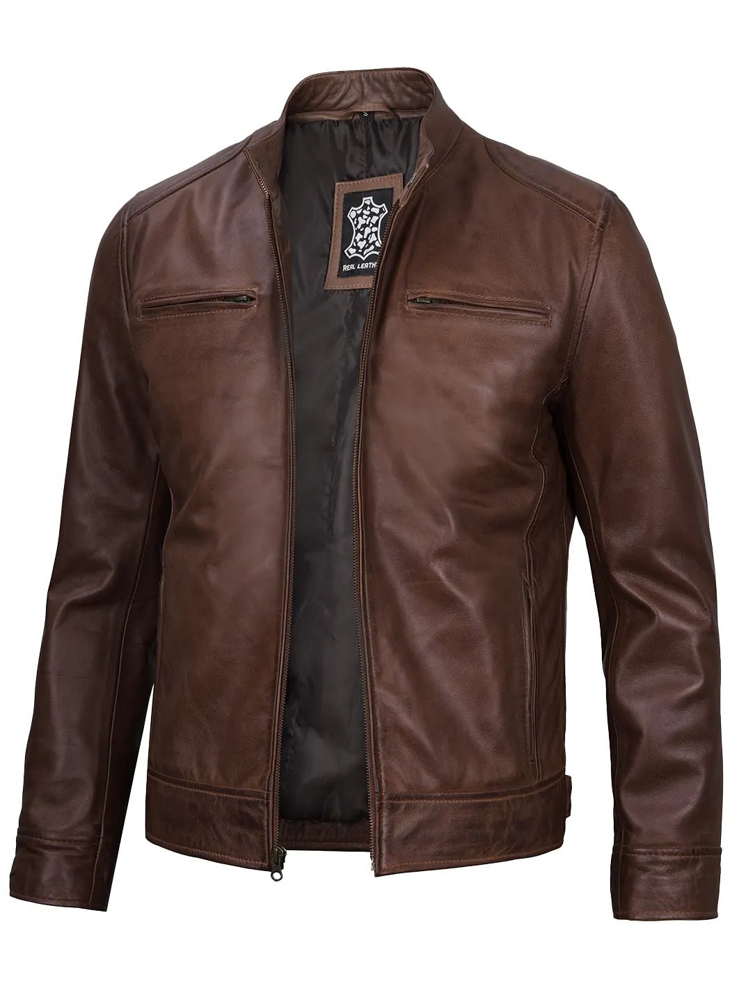 Dodge Men's Cognac Brown Leather Cafe Racer Jacket - Image 2