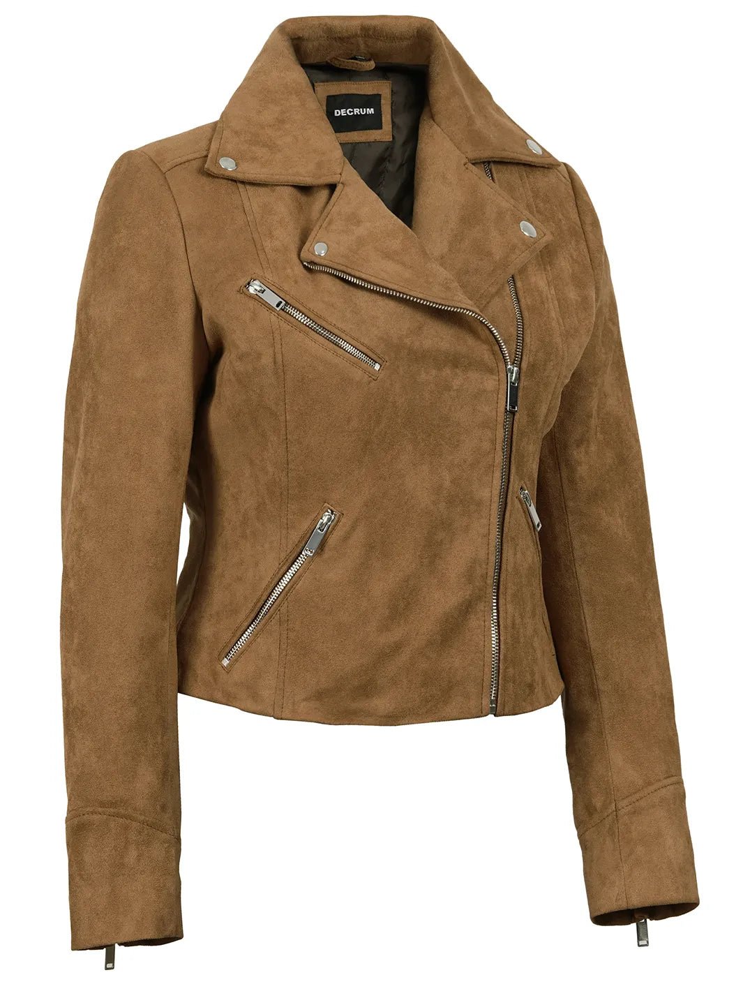 Women's Light Brown Faux Suede Biker Style Jacket - Image 4