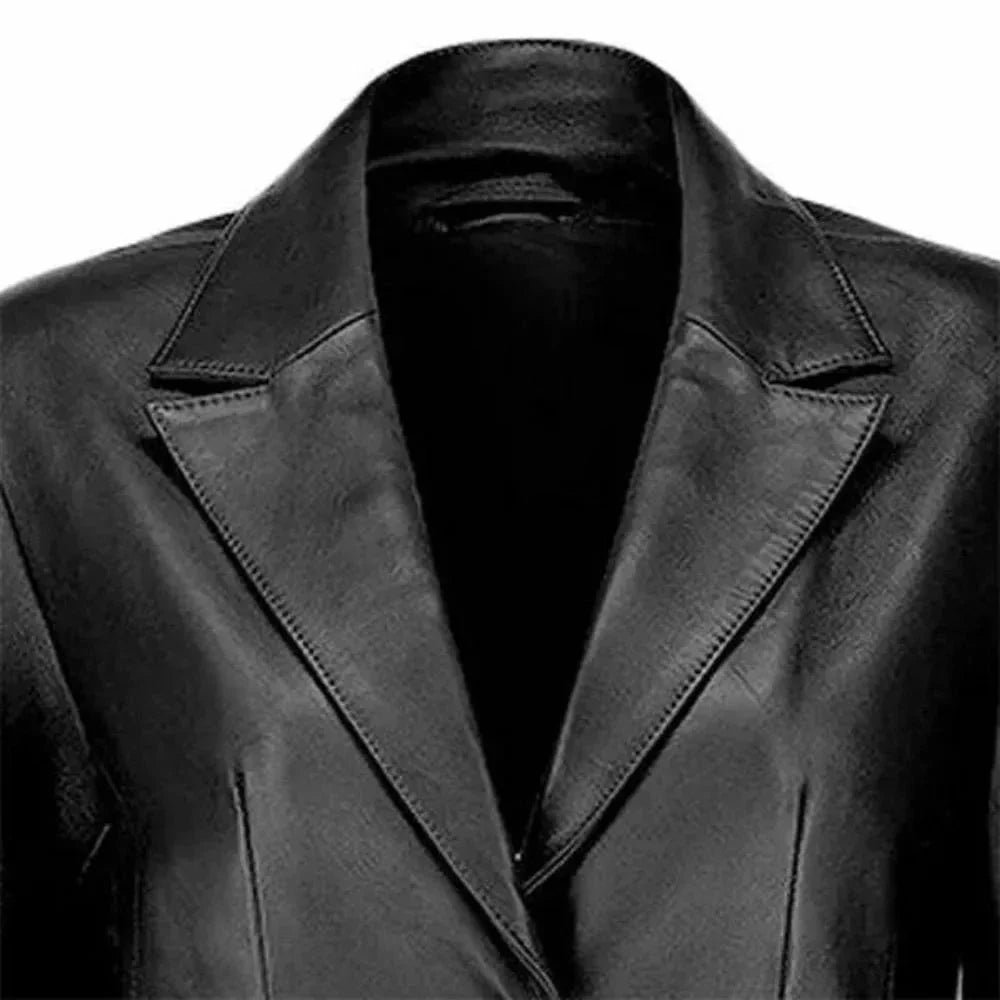 Womens Two Button Real Black Leather Blazer - Image 4