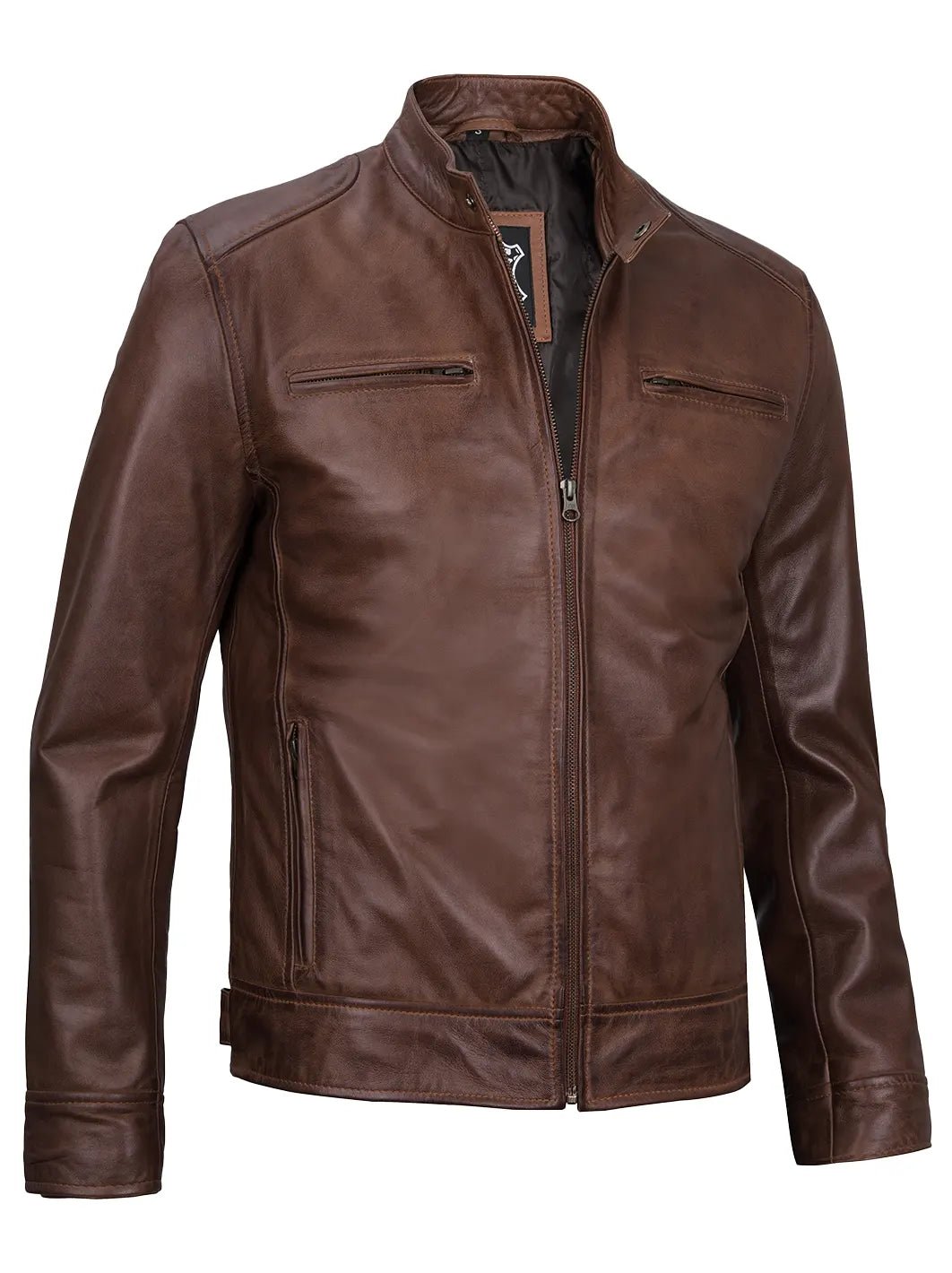 Dodge Men's Cognac Brown Leather Cafe Racer Jacket - Image 4