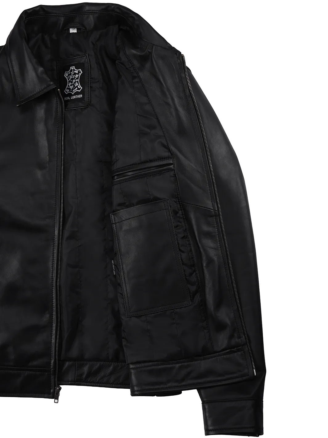 Men's Black Harrington Leather Jacket | Shirt Style Collar - Image 7