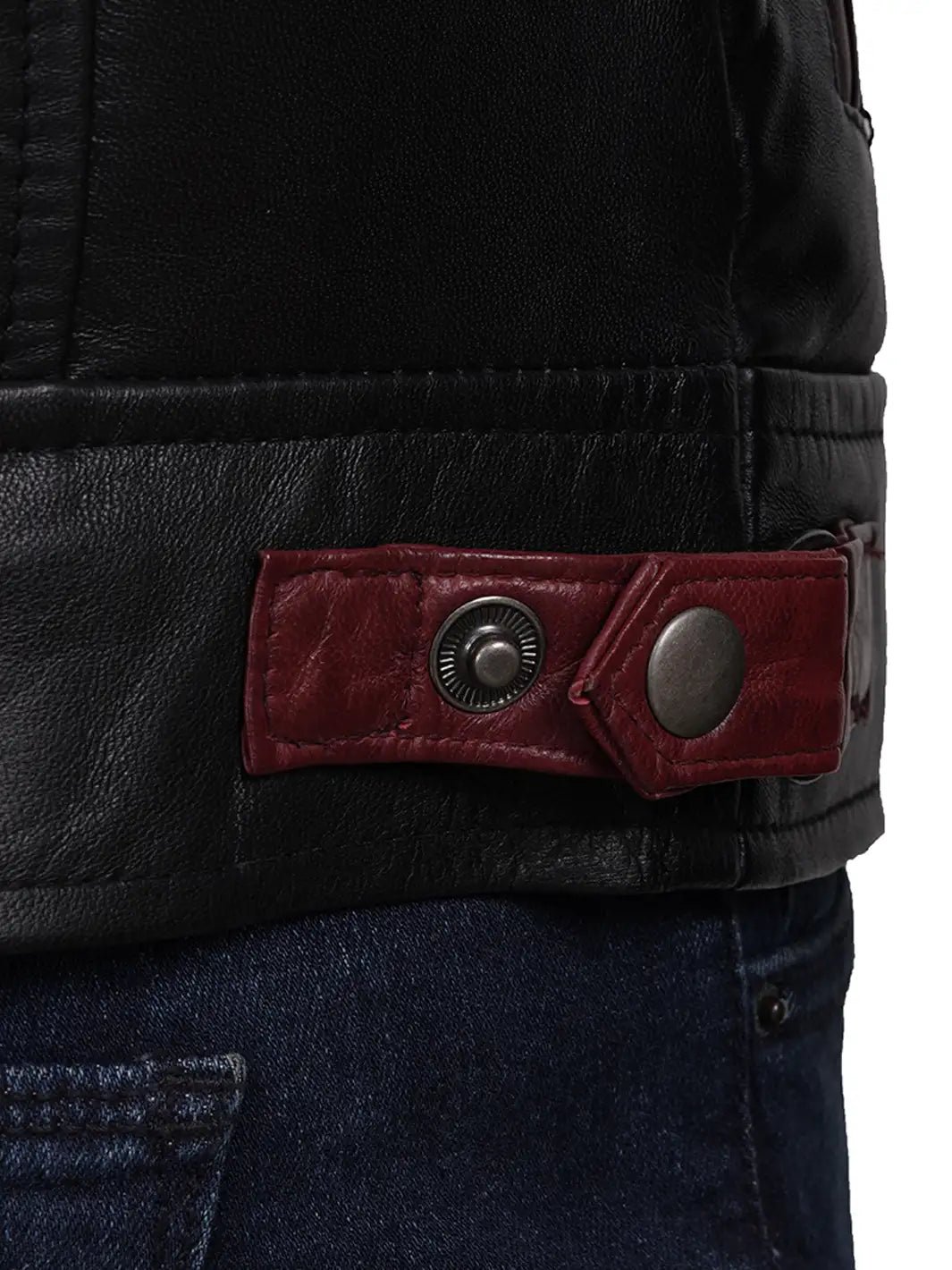 Men's Black and Burgundy Quilted Leather Cafe Racer Jacket - Image 4