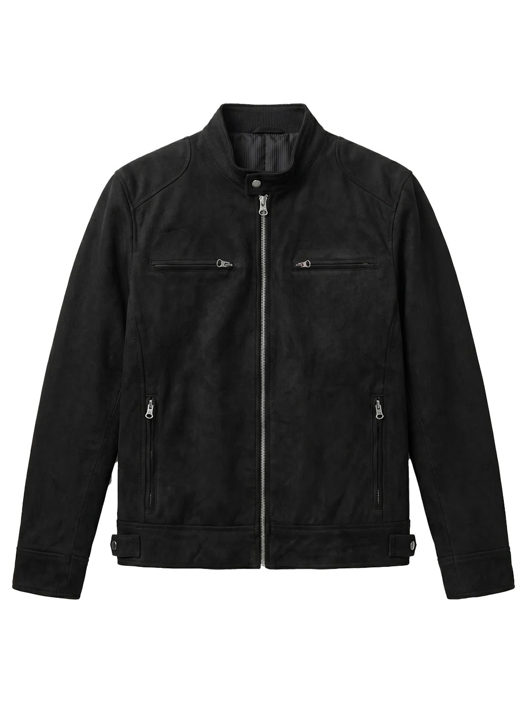 Men's Black Faux Suede Cafe Racer Jacket - Image 5