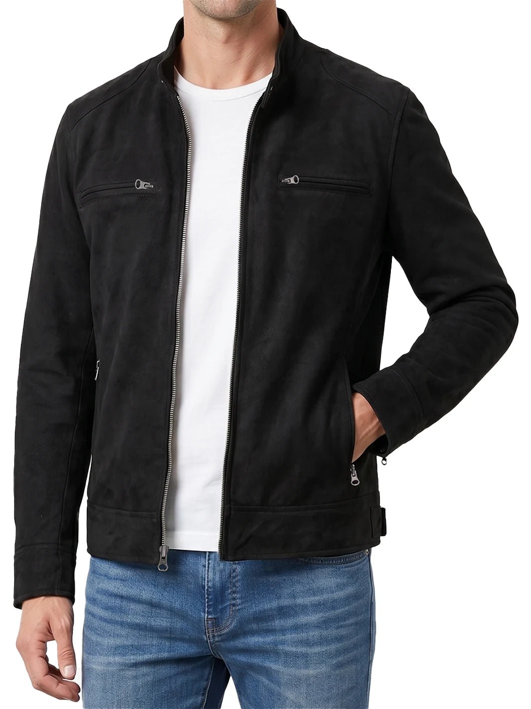 Men's Black Faux Suede Cafe Racer Jacket