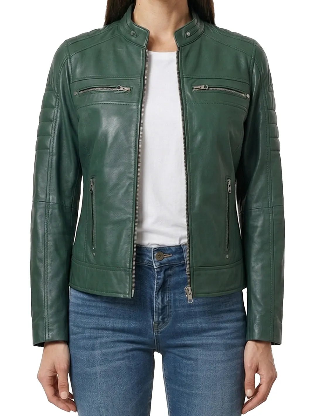Austin Women Cafe Racer Style Green Leather Jacket