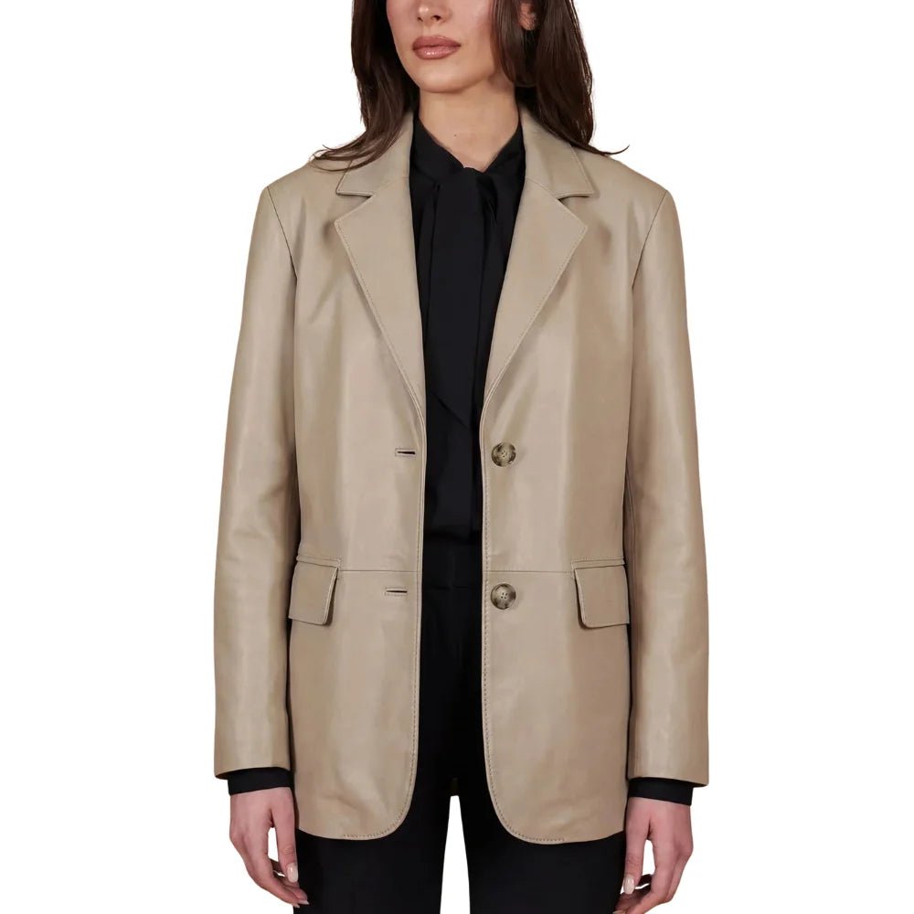 Women's Taupe Two Button Leather Blazer
