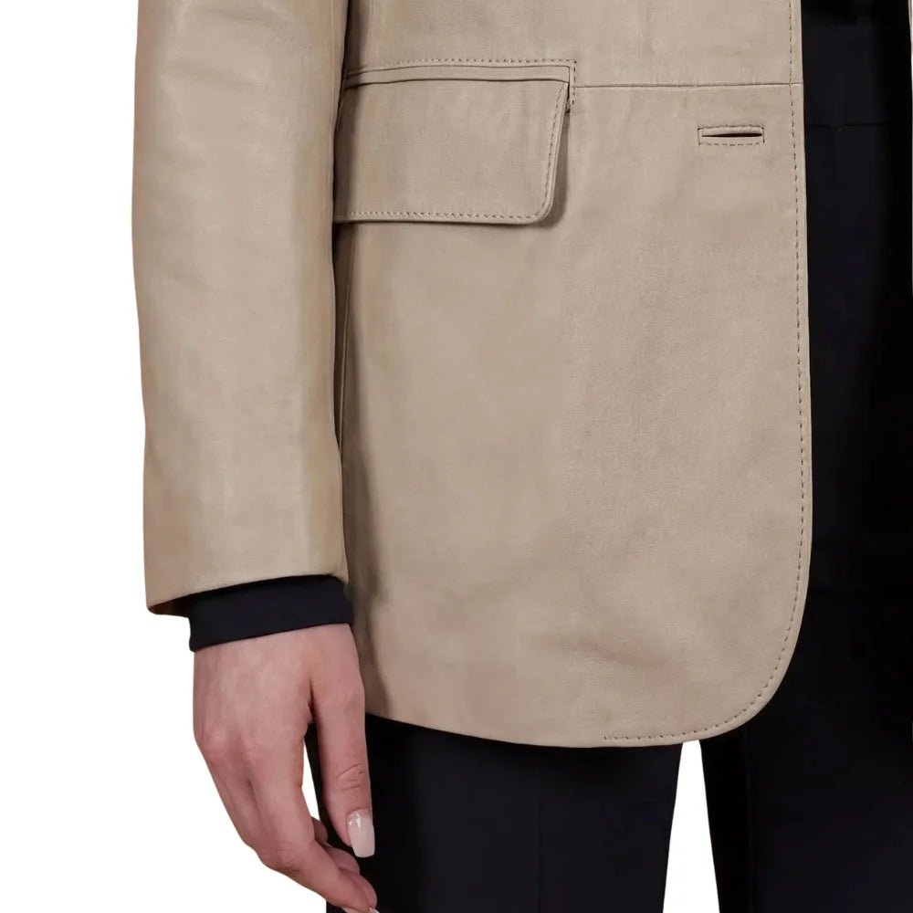 Women's Taupe Two Button Leather Blazer - Image 6