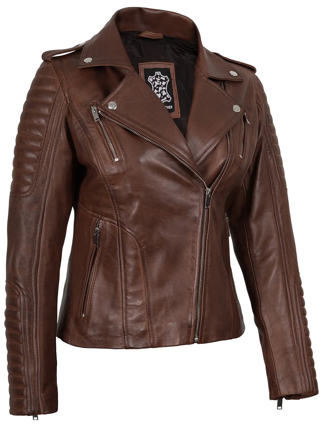 Bagheria Womens Cognac Biker Style Leather Jacket With Removable Hood - Image 5