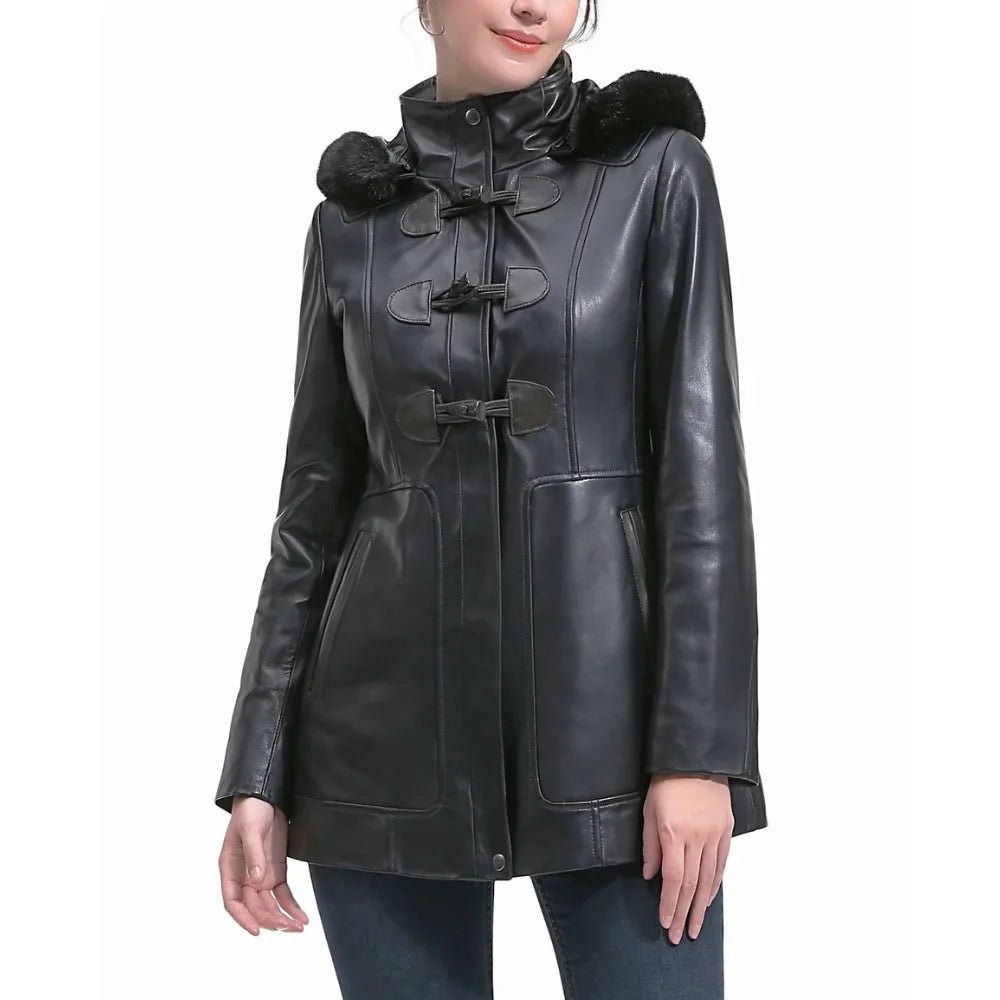 Women's Black Hooded Leather Duffle Coat - Image 3
