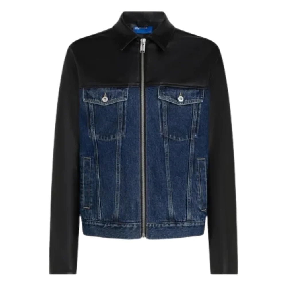 Men's Black Leather Blue Denim Trucker Jacket - Image 2