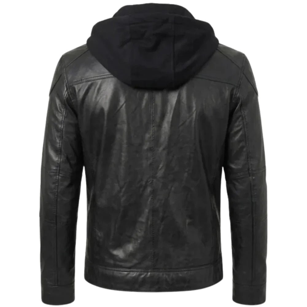 Men's Black Hooded Leather Jacket - Image 6