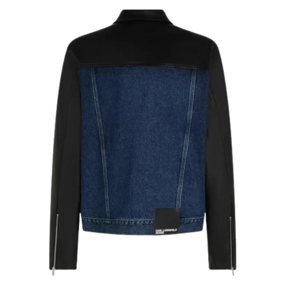 Men's Black Leather Blue Denim Trucker Jacket - Image 5