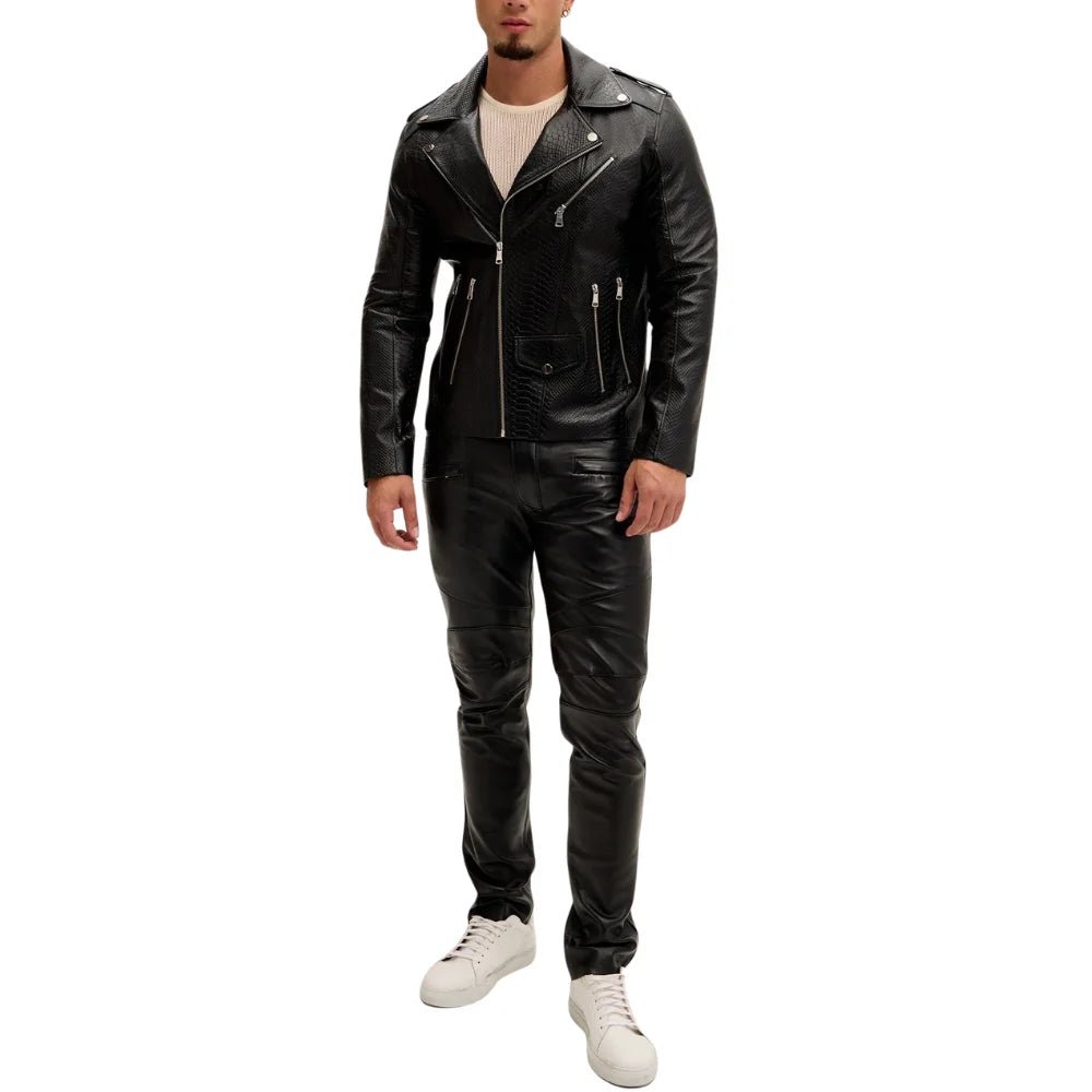 Men's Black Snakeskin Embossed Biker Jacket - Image 6