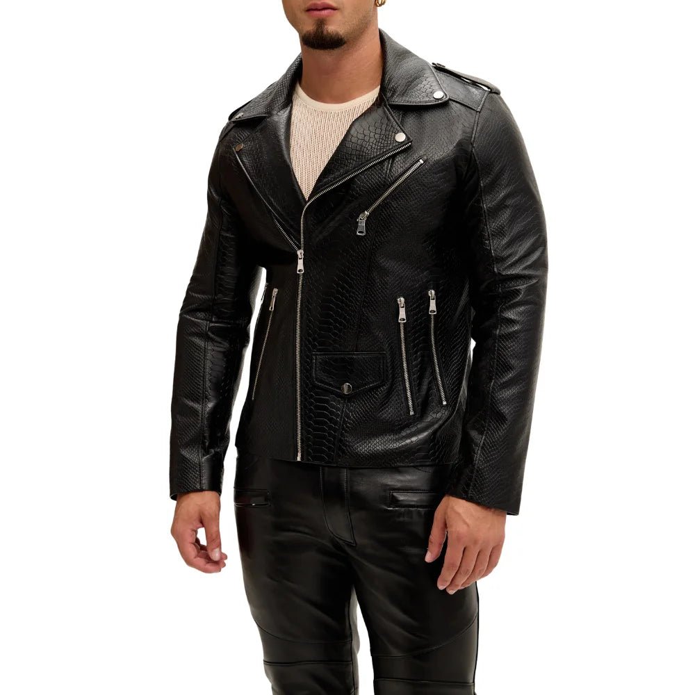 Men's Black Snakeskin Embossed Biker Jacket - Image 3