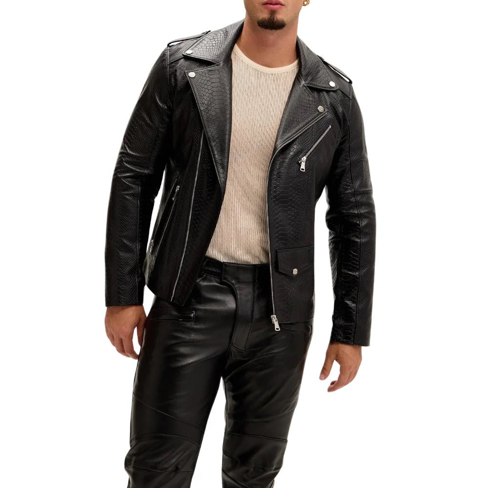 Men's Black Snakeskin Embossed Biker Jacket - Image 2