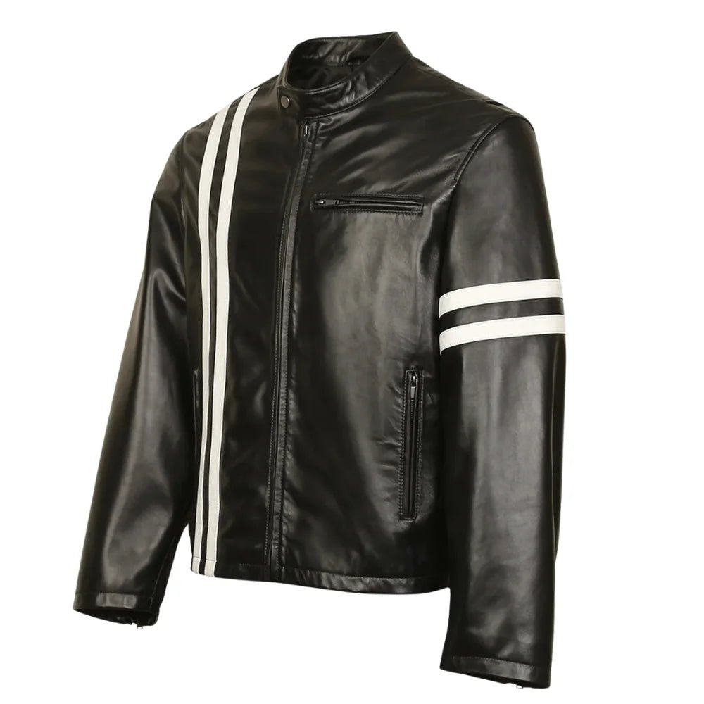 Men's Black Striped Leather Cafe Racer Jacket - Image 2
