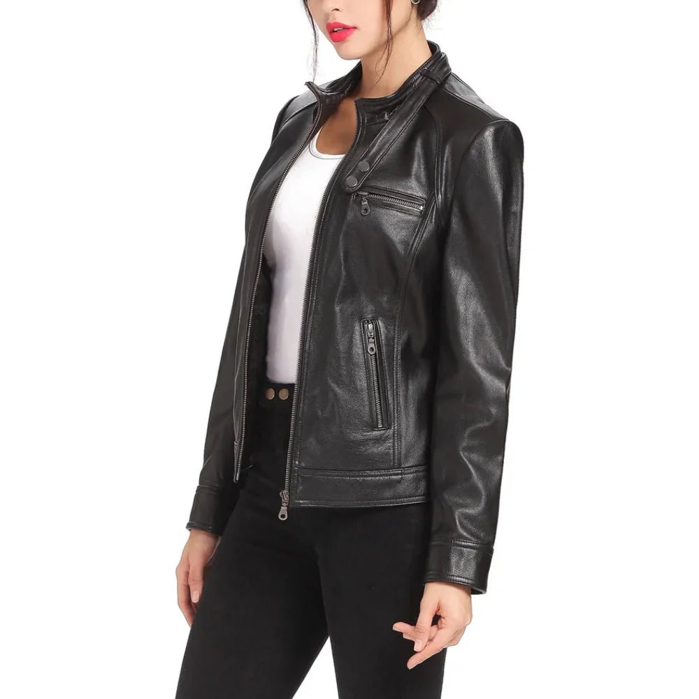 Women's Black Stand Collar Leather Jacket - Image 6