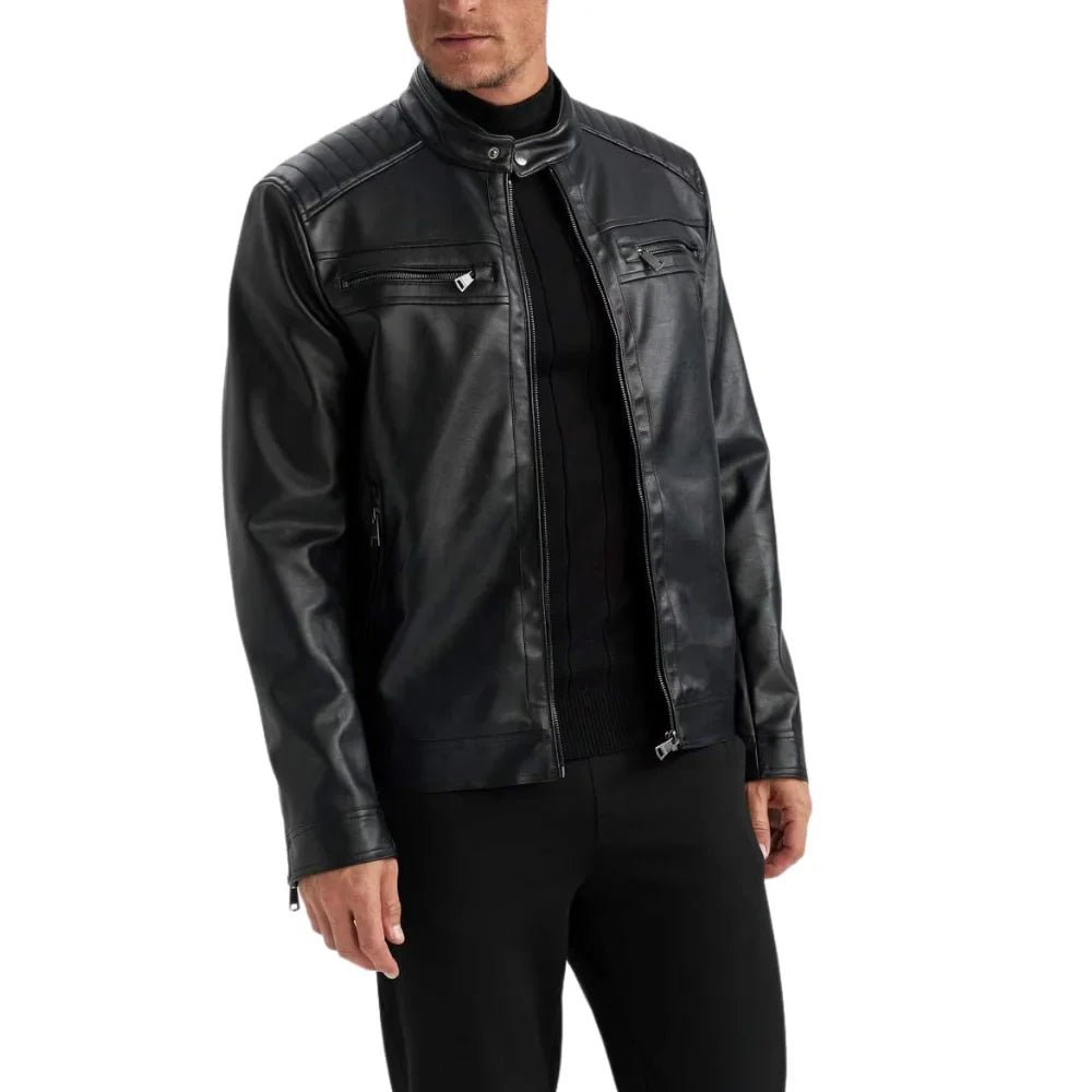 Men's Black Quilted Biker Leather Jacket - Image 6