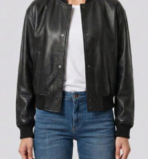 BlackSnapButtonCroppedLeatherBomberJacketWomens-front