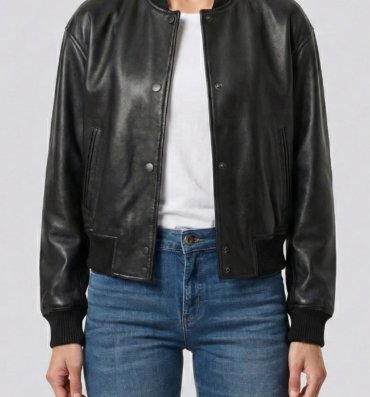 BlackSnapButtonCroppedLeatherBomberJacketWomens-front