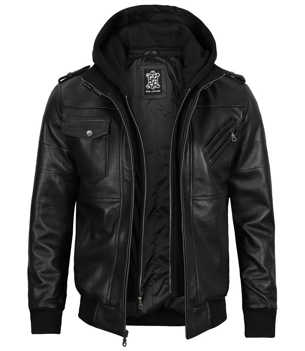 Edinburgh Mens Black Bomber Leather Jacket With Removable Hood - Image 3