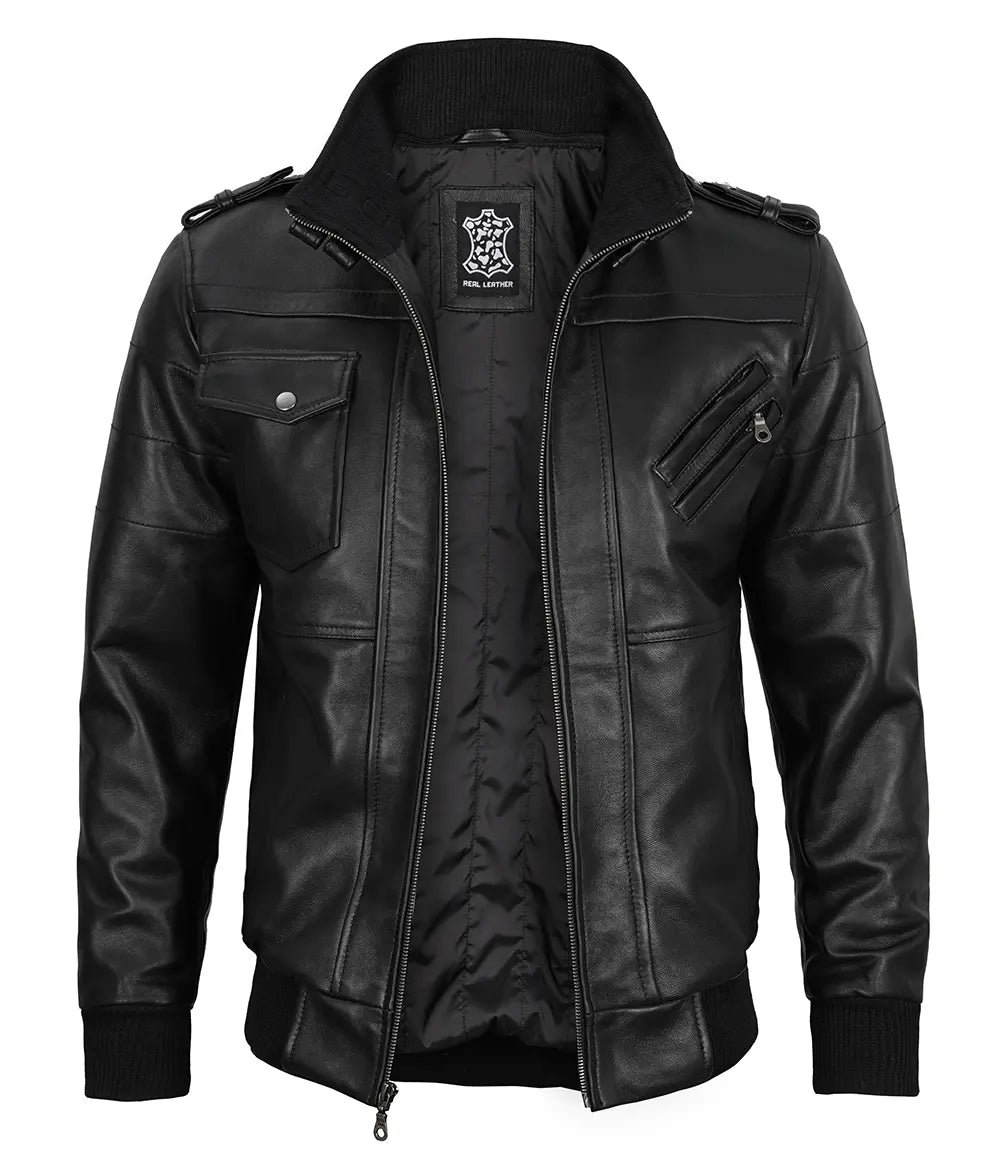 Edinburgh Mens Black Bomber Leather Jacket With Removable Hood - Image 7