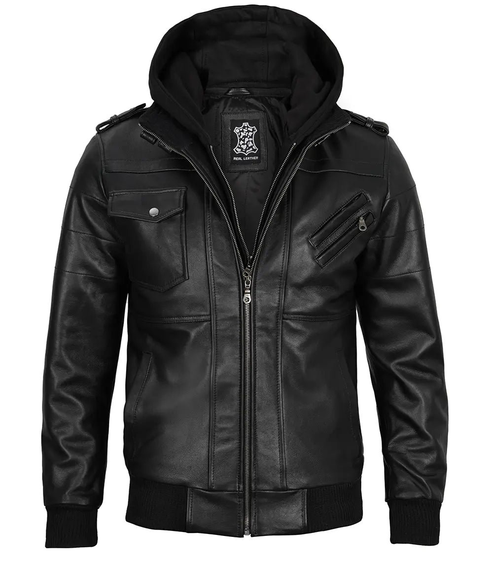Edinburgh Mens Black Bomber Leather Jacket With Removable Hood - Image 2
