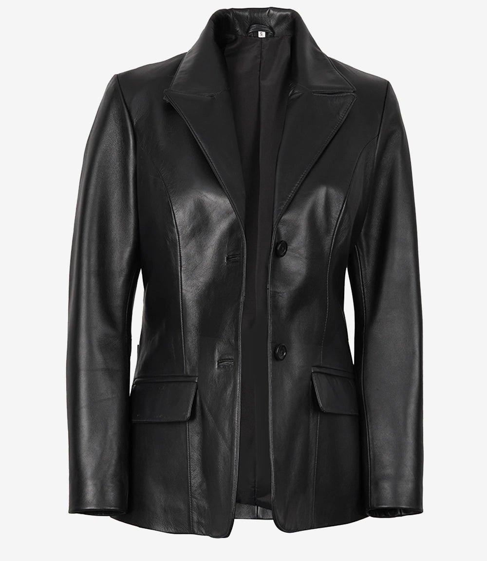 Women's Black Two-Button Leather Blazer - Image 2