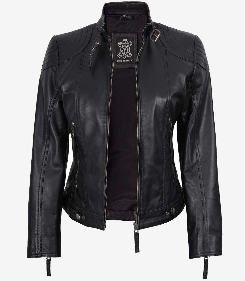 Women's Black Leather Jacket With Removable Hood - Image 3