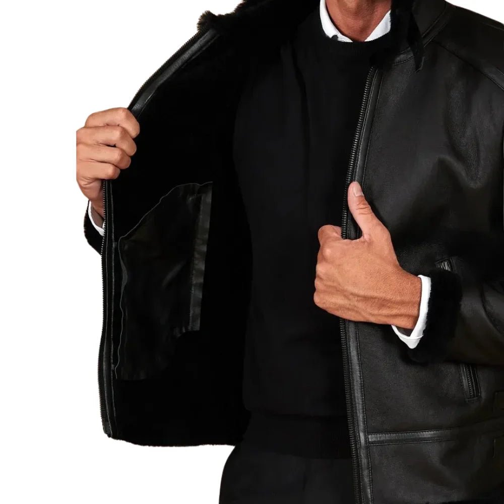 Men's Black Shirt Collar Shearling Lambskin Biker Jacket - Image 5