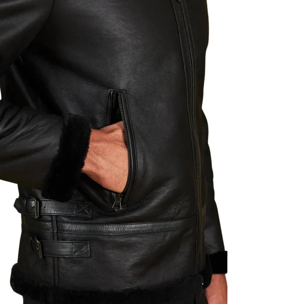Men's Black Shirt Collar Shearling Lambskin Biker Jacket - Image 7