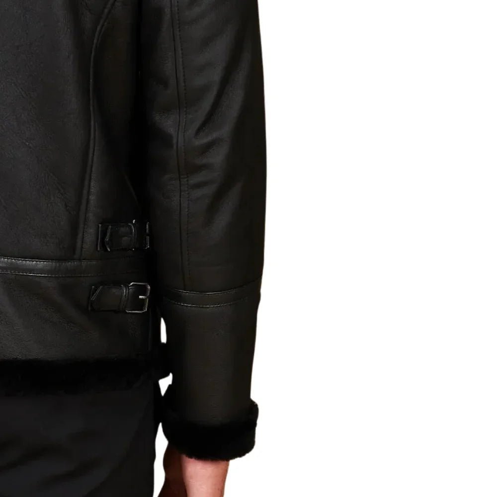 Men's Black Shirt Collar Shearling Lambskin Biker Jacket - Image 8