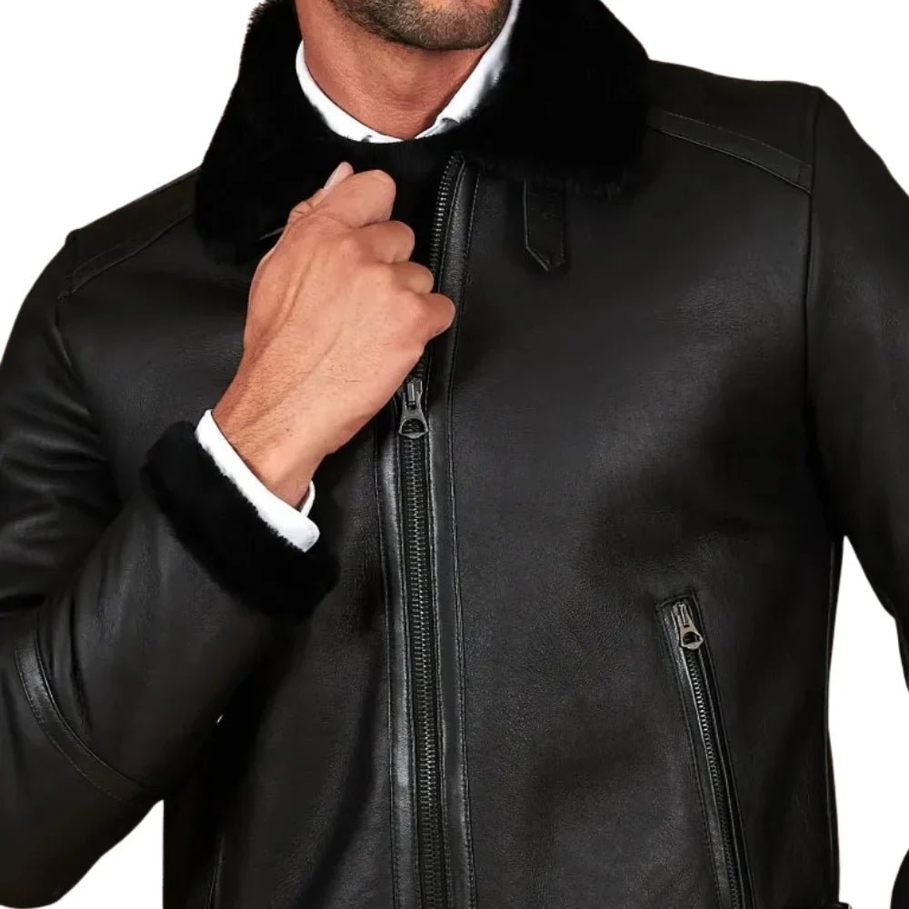 Men's Black Shirt Collar Shearling Lambskin Biker Jacket - Image 6