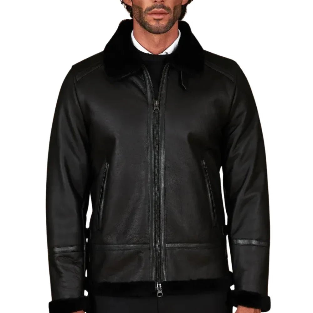 Men's Black Shirt Collar Shearling Lambskin Biker Jacket - Image 4