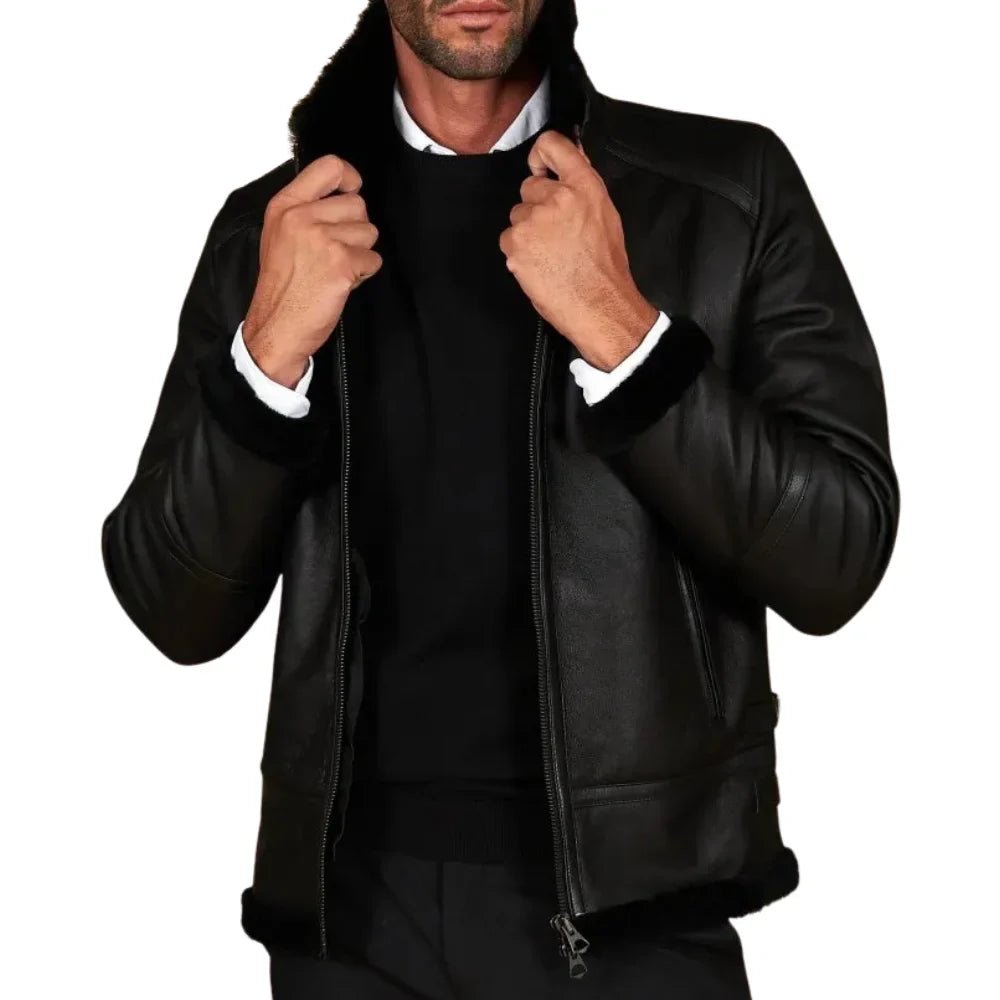Men's Black Shirt Collar Shearling Lambskin Biker Jacket - Image 3