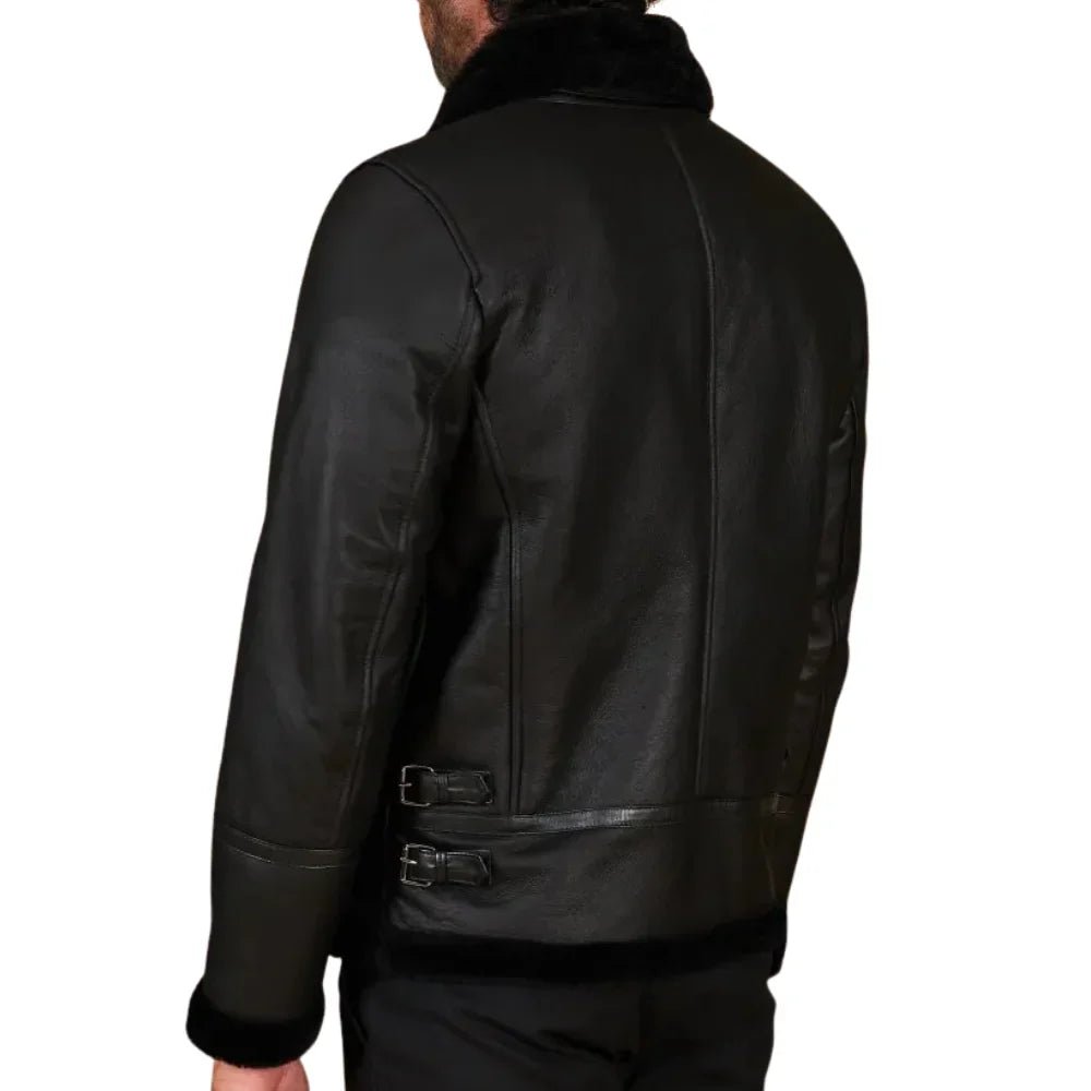 Men's Black Shirt Collar Shearling Lambskin Biker Jacket - Image 9