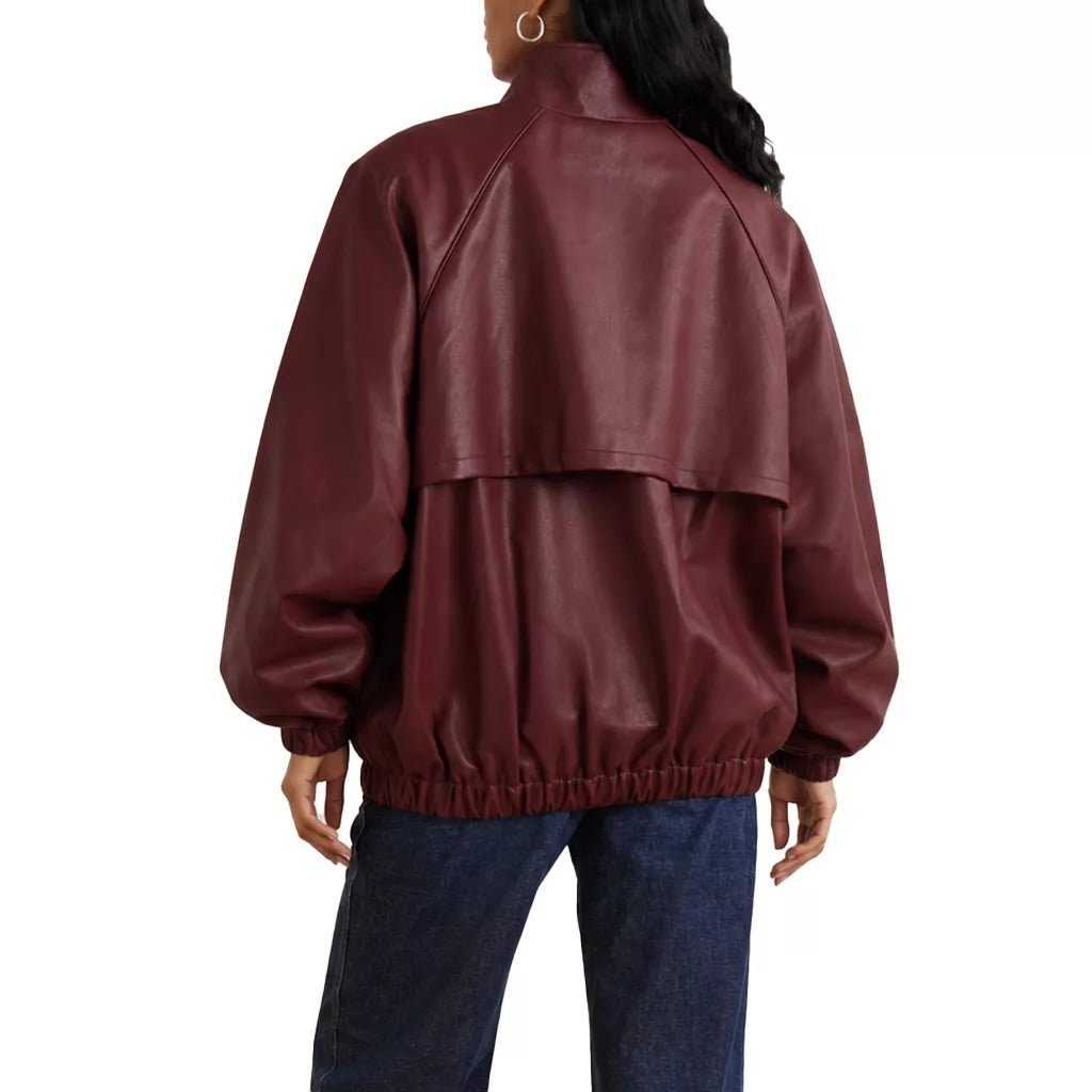 Women's Maroon Leather Bomber Jacket - Image 4