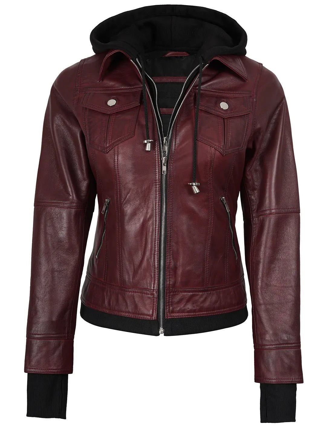 Women's Burgundy Hooded Leather Bomber Jacket - Image 7