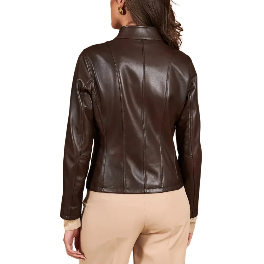 Women's Dark Brown Leather Stand Collar Jacket - Image 13